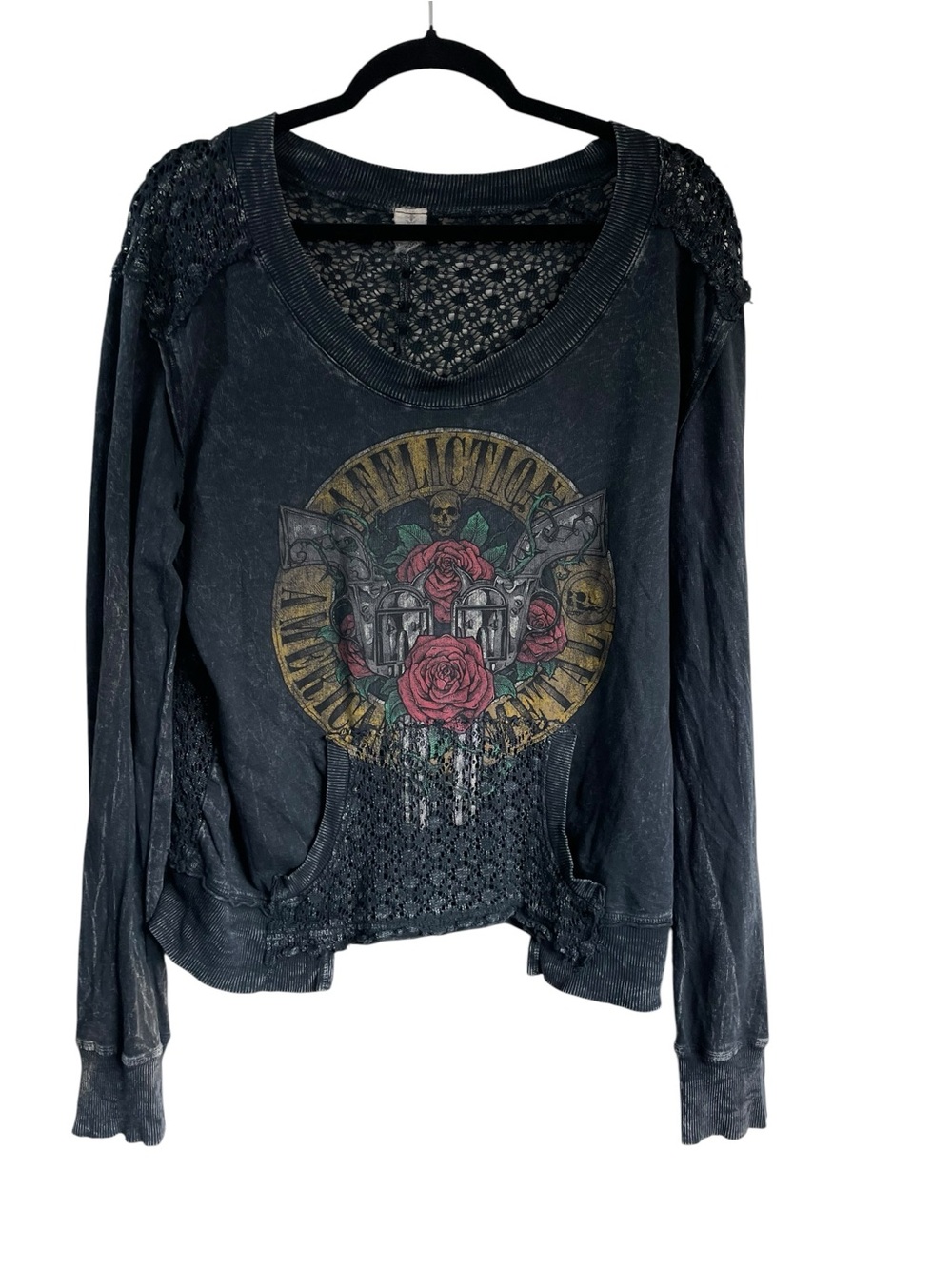 Affliction Black Long-Sleeve Graphic Lace-Panel Top with Rose Motif